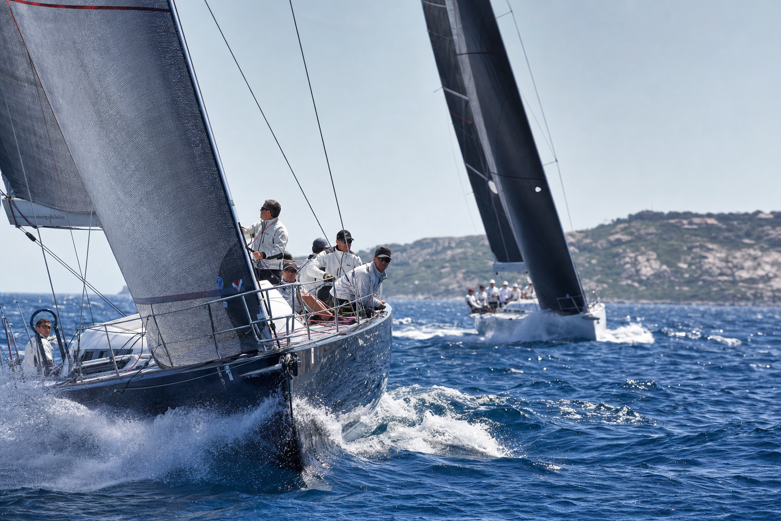 Offshore racing yachts sailing in a fresh breeze.